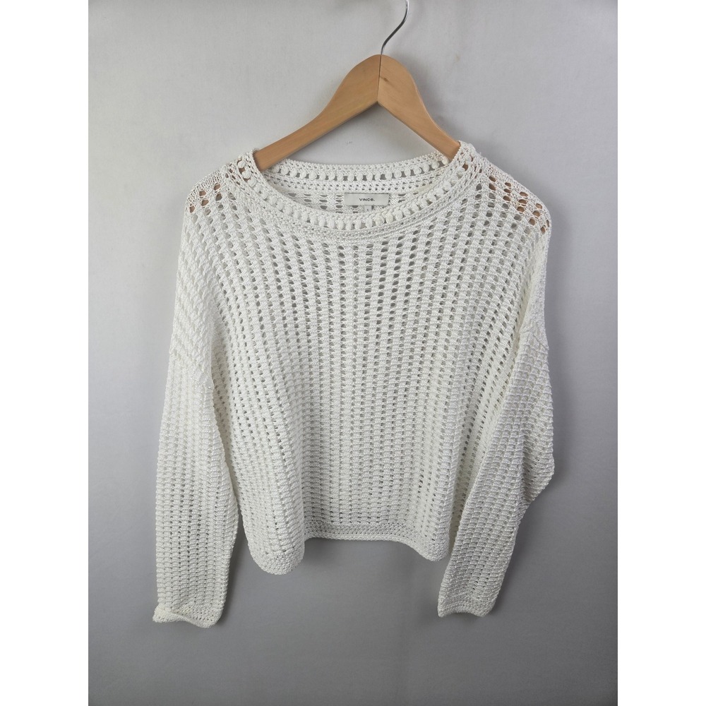 Vince Crochet Open Knit Sweater White 100% Cotton Italian Yarn Small V092670535